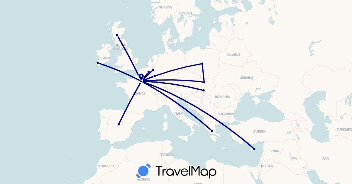 TravelMap itinerary: driving in Belgium, Cyprus, Spain, France, United Kingdom, Greece, Hungary, Ireland, Luxembourg, Netherlands, Poland, Slovakia (Asia, Europe)